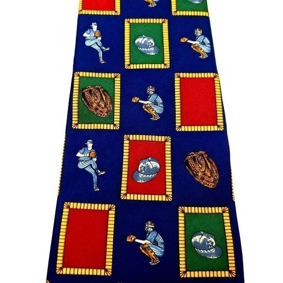 Vintage Tommy Hilfiger Colorblock Box Logo Silk Tie Blue Baseball Short Wide - Picture 2 of 6